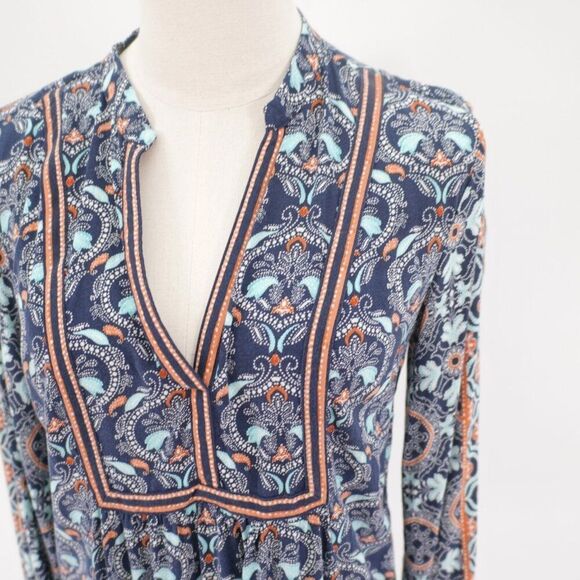Ann Taylor Loft Blue Teal V-Neck Long Sleeve Floral Paisley Top Small Rayon - Picture 2 of 9